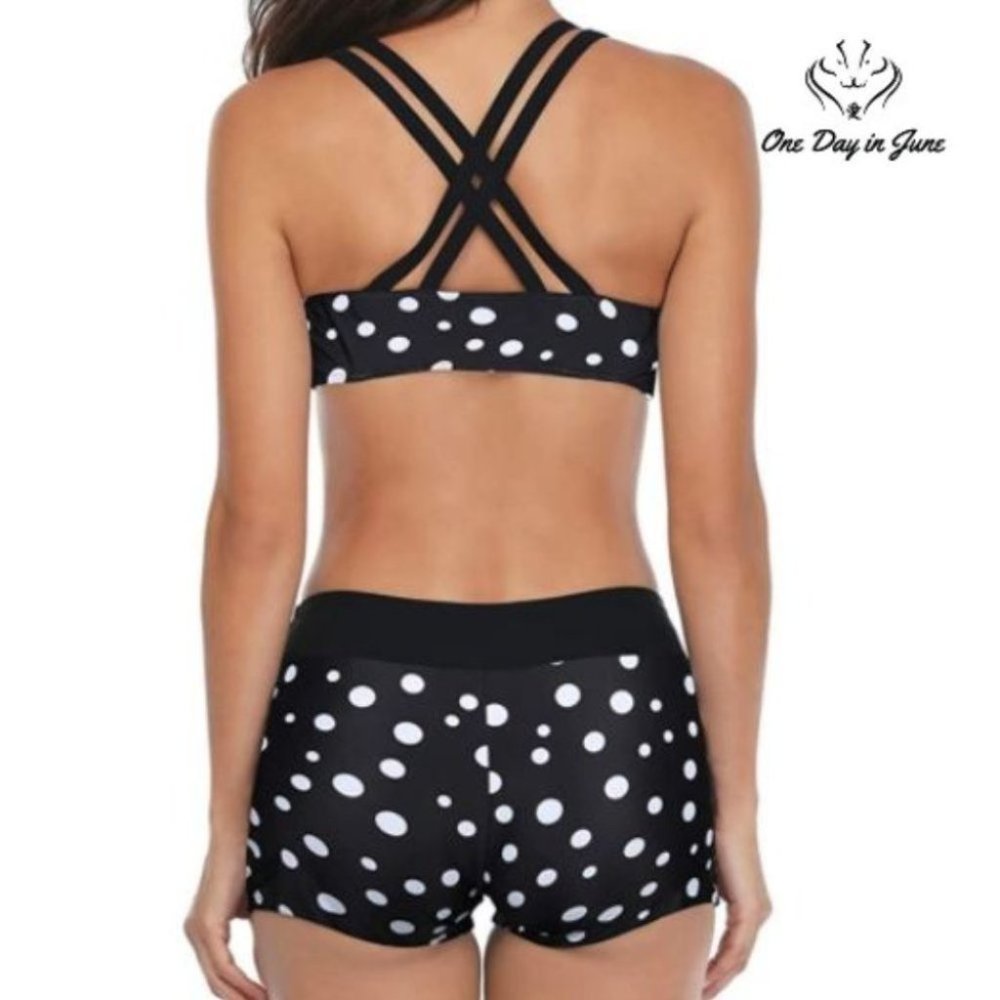 NWOT Yonique SM Black & White Polka Dot 3 Piece Tankini - Picture 3 of 16
